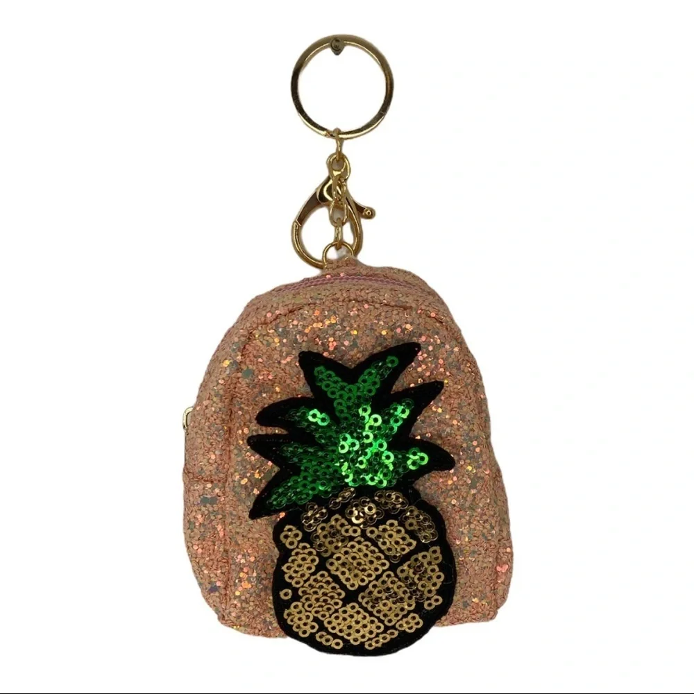 Handmade Glitter pineapple coin bag charm‎ keychain in pink